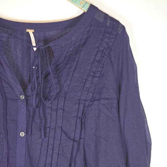 Free People Sisters Of The Moon Sheer Gauzy High Low Blue Button-Up Blouse M - Picture 3 of 8